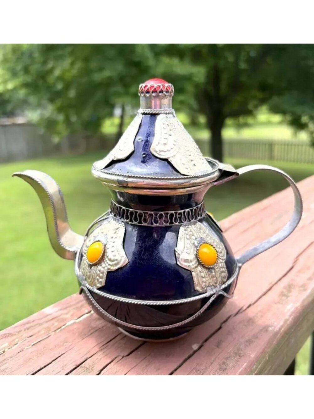 Vintage Moroccan Cobalt Blue Ceramic Teapot Ornate Silver Filigree Stone 6"